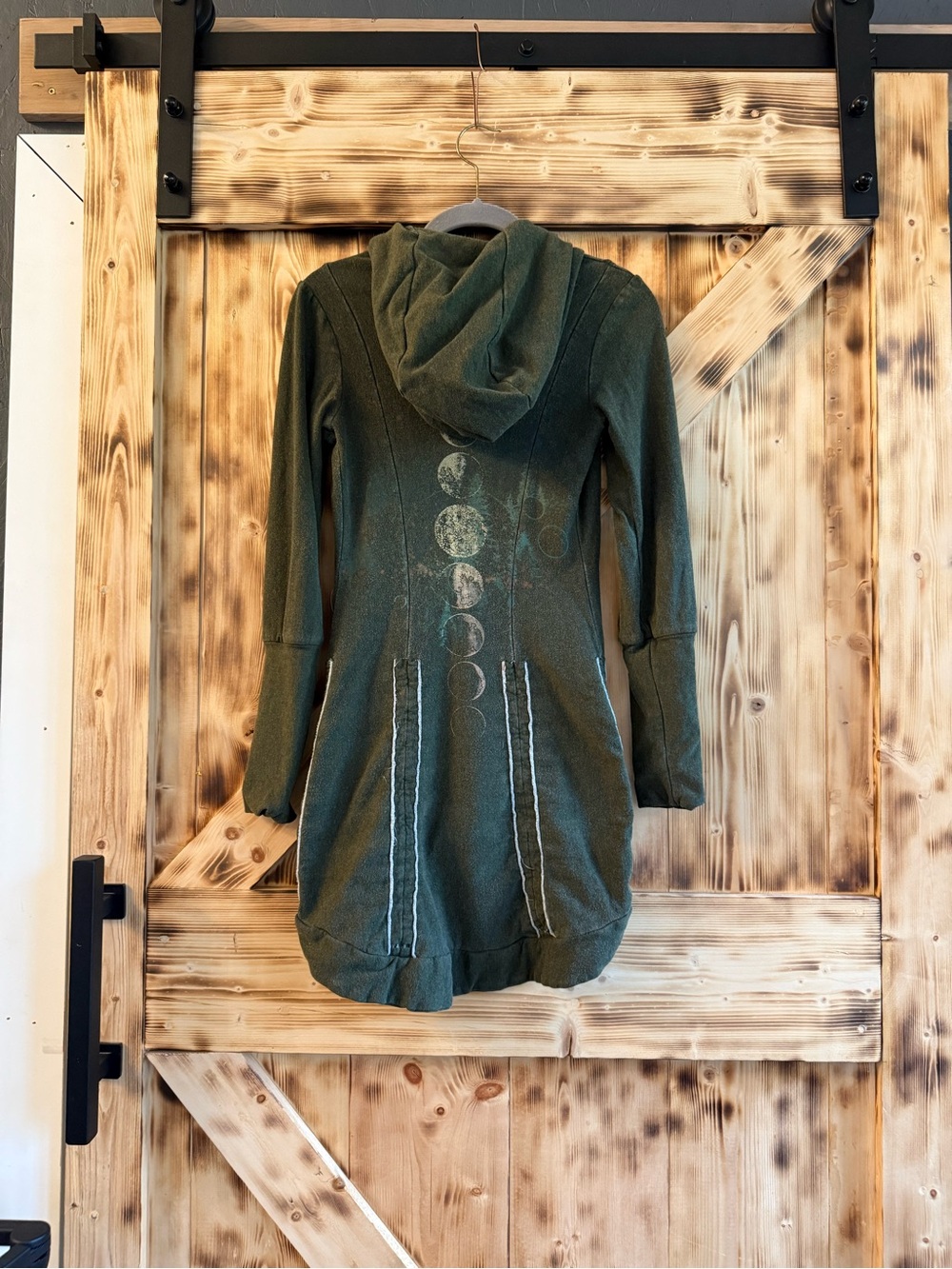 Long Hooded Cardigan with Moon Phase Graphic - Olive Green